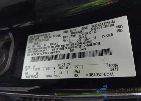 2017 Ford F-150 Xlt из США, поврежденный, VIN 1FTEW1CP1HFA64303